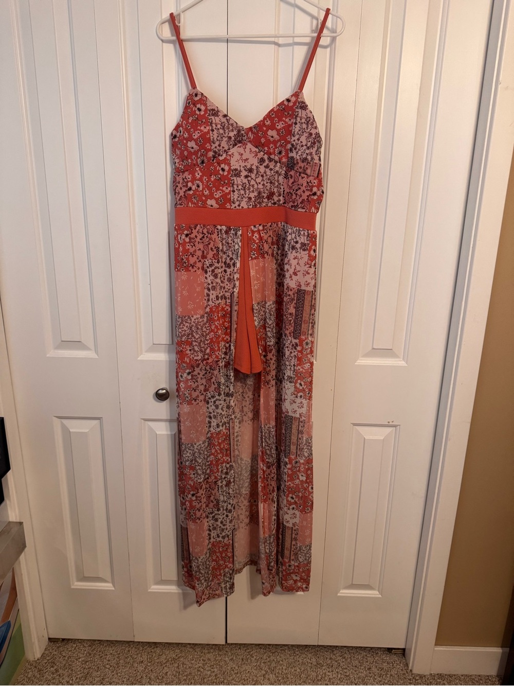Floral Patchwork Maxi Dress in Coral and Blush